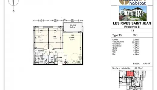 Appartement 3 pièces 62 m² 